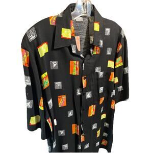 Alan Stewart Shirt Men’s Medium Black Hawaiian Rayon Short Sleeve Button Adult